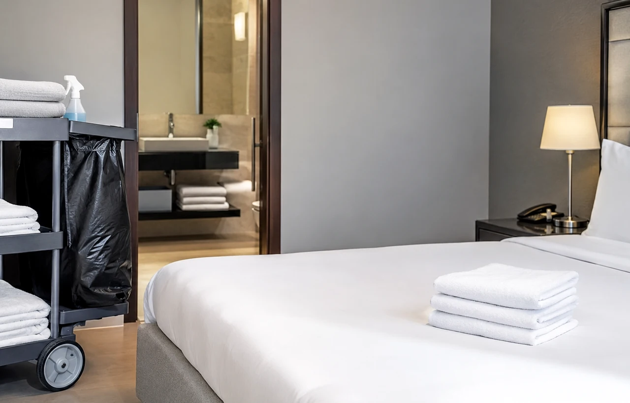 Hotelzimmer mit Reinigungswagen