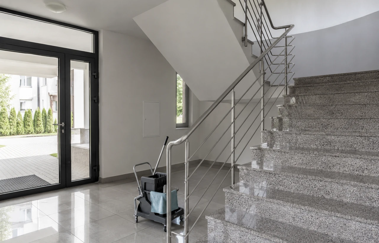Treppenhaus mit Reinigungswagen