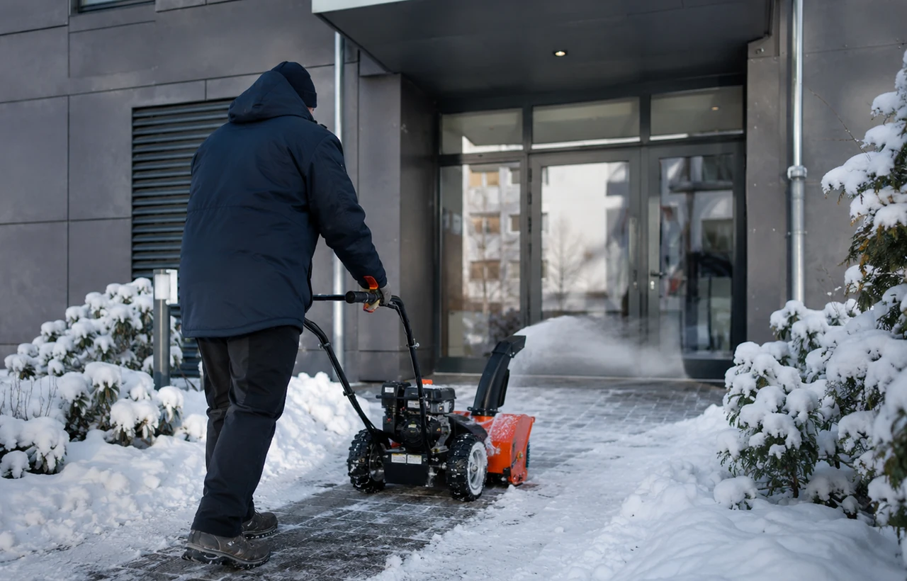 Schneefräse an einem modernen Eingang